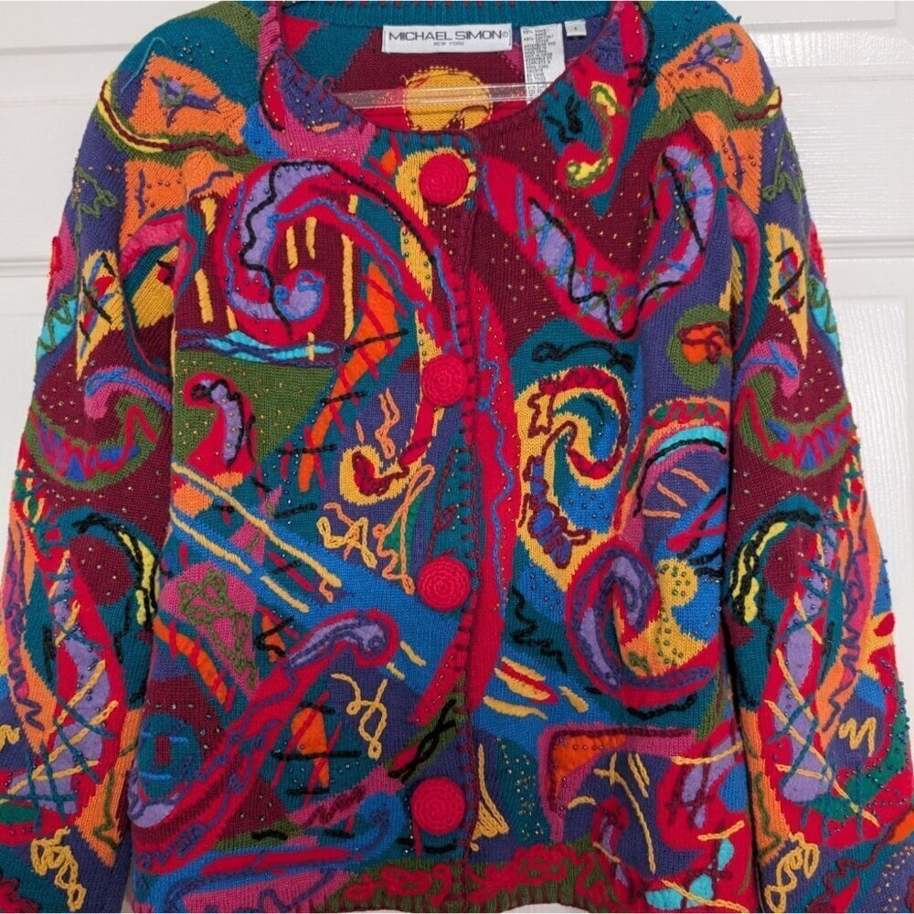 Vintage 90s Michael Simon Artsy Beaded Cardigan Womens Size Small Embroidered - Picture 2 of 12